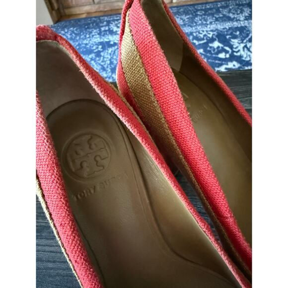 Vintage TORY BURCH JOELLE PLATFORM LINEN PUMP HEEL STRIPED RED/TAN SHOES Sz. 7 - Picture 6 of 9